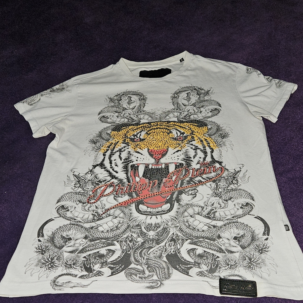 White Graphic Tee with Tiger and Dragon Design